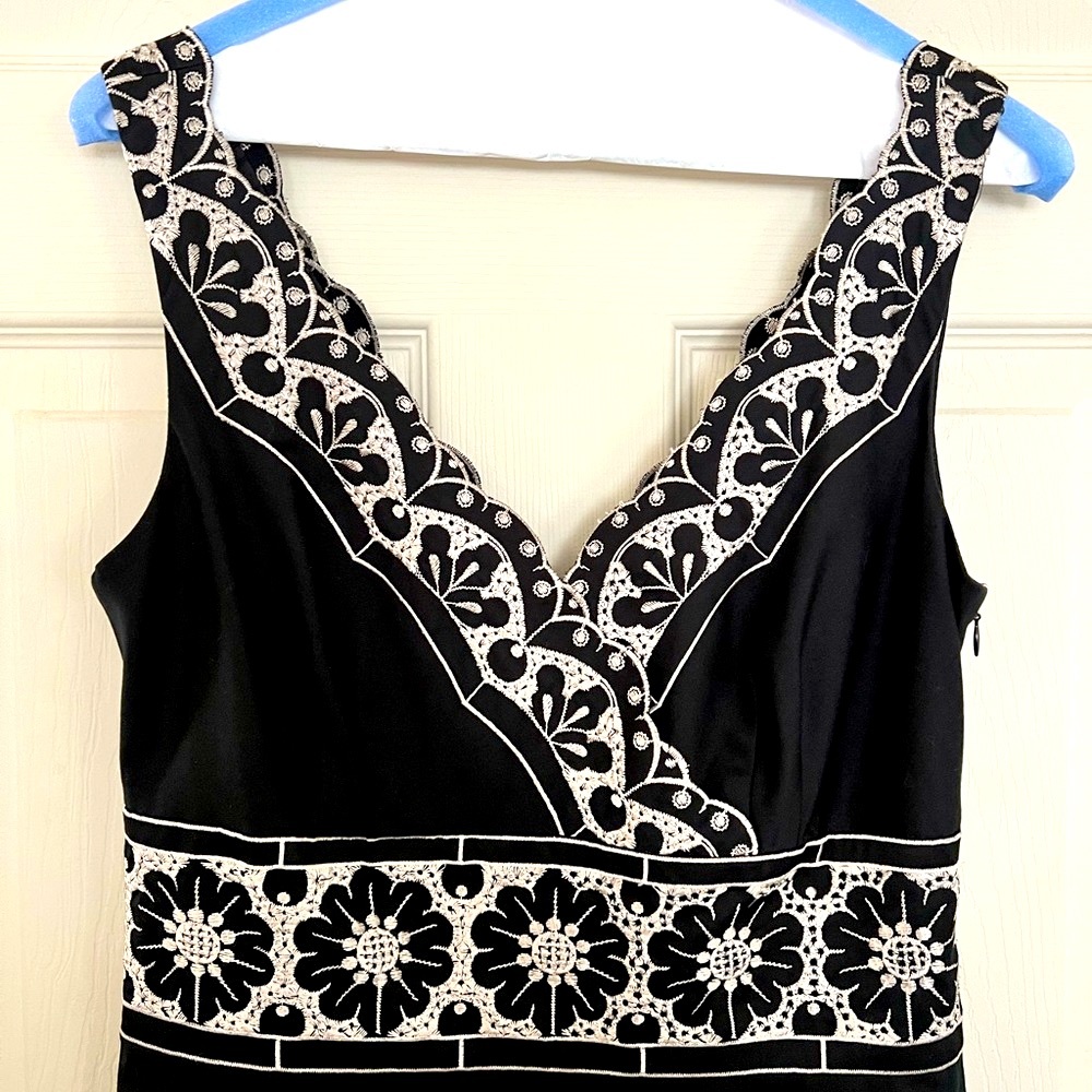 Ann Taylor Embroidered Black Midi Dress, Size 6